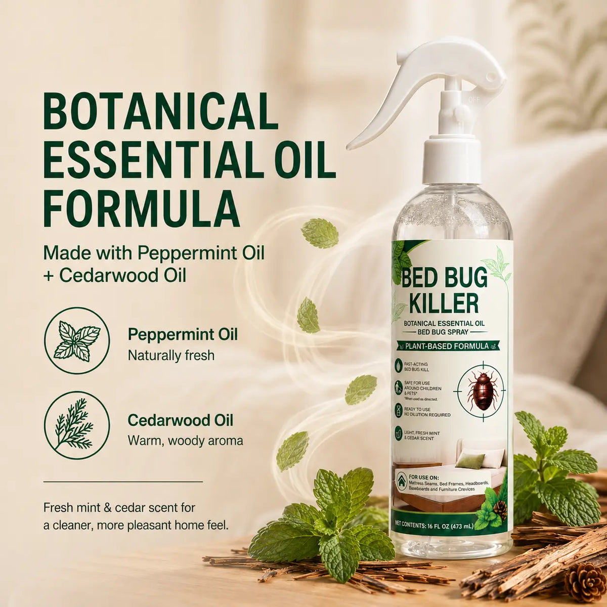 Bed Bug Killer Botanical Essential Oil Spray 16 Fl Oz Plant-Based Formula Safe for Kids & Pets Fresh Mint Scent