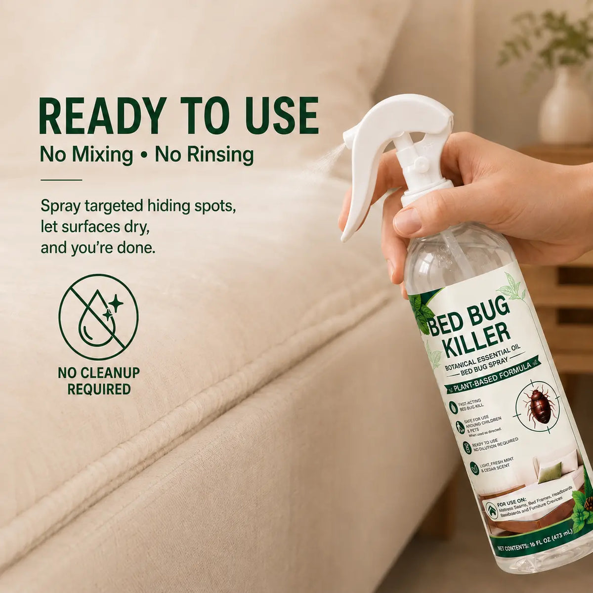 Bed Bug Killer Botanical Essential Oil Spray 16 Fl Oz Plant-Based Formula Safe for Kids & Pets Fresh Mint Scent